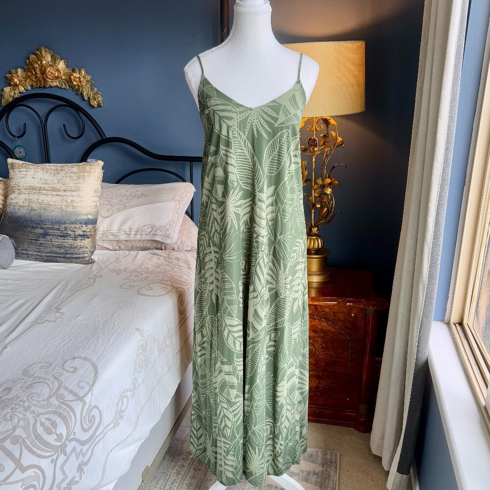 Green Tropical Leaf Print Maxi Dress